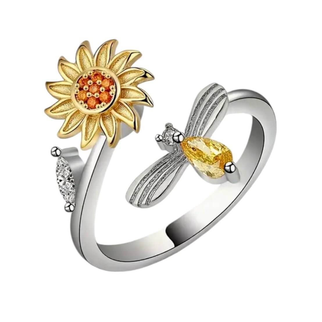 Offener Ring in Silber mit drehbarer Blume & Biene – Schmuckstück für verspielte Akzente