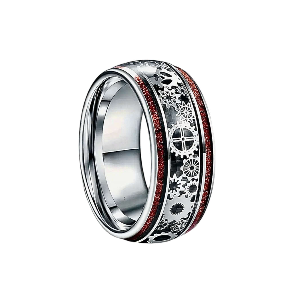 Silberner Ring mit Holzmaserung und Zahnrädern – elegantes Schmuckstück im mechanischen Stil