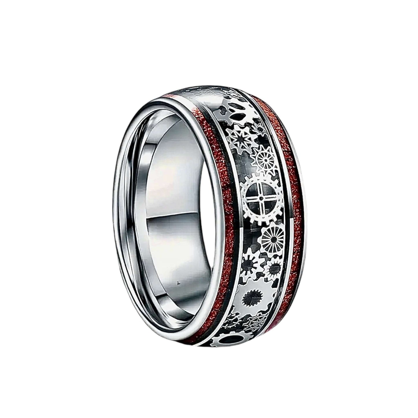 Silberner Ring mit Holzmaserung und Zahnrädern – elegantes Schmuckstück im mechanischen Stil