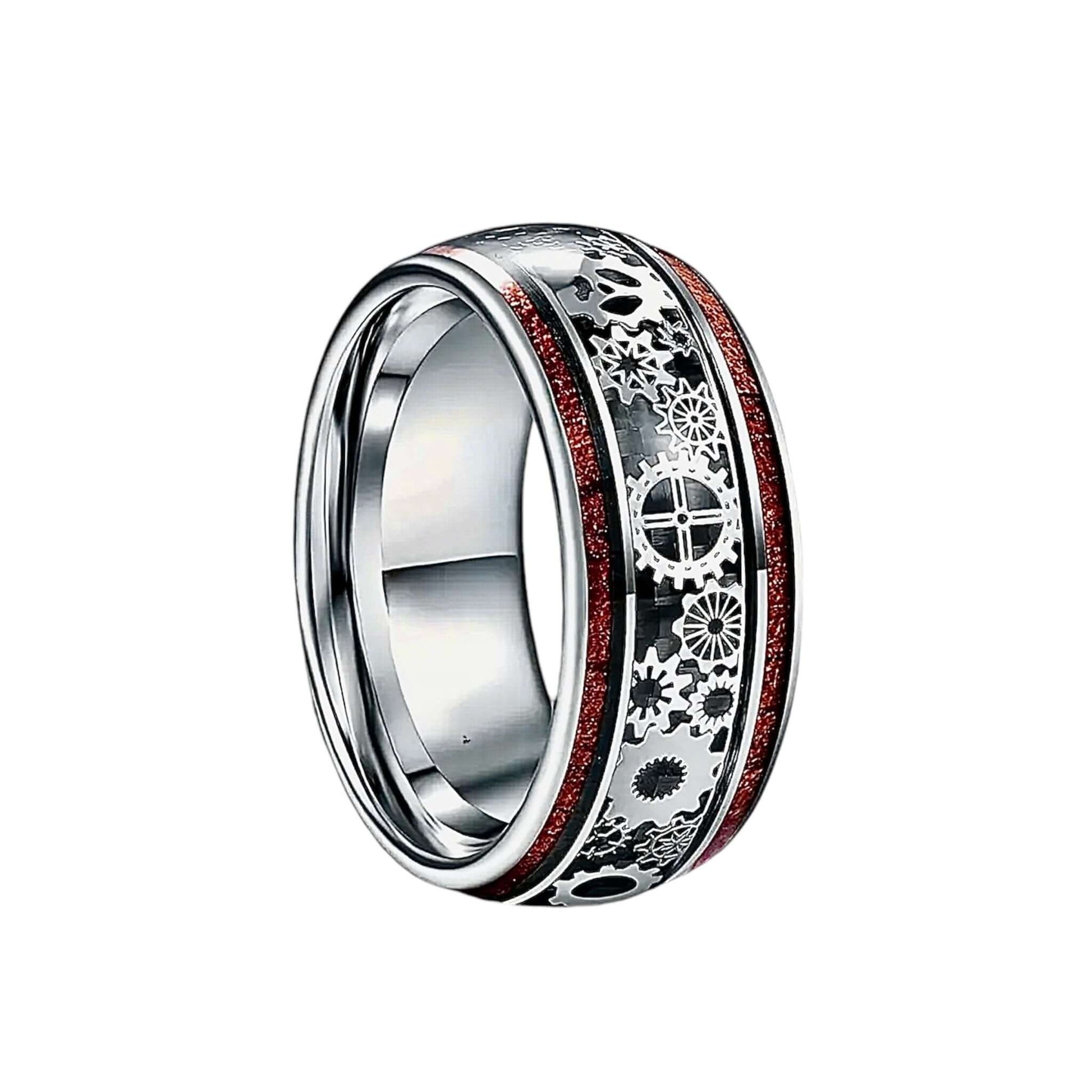 Silberner Ring mit Holzmaserung und Zahnrädern – elegantes Schmuckstück im mechanischen Stil
