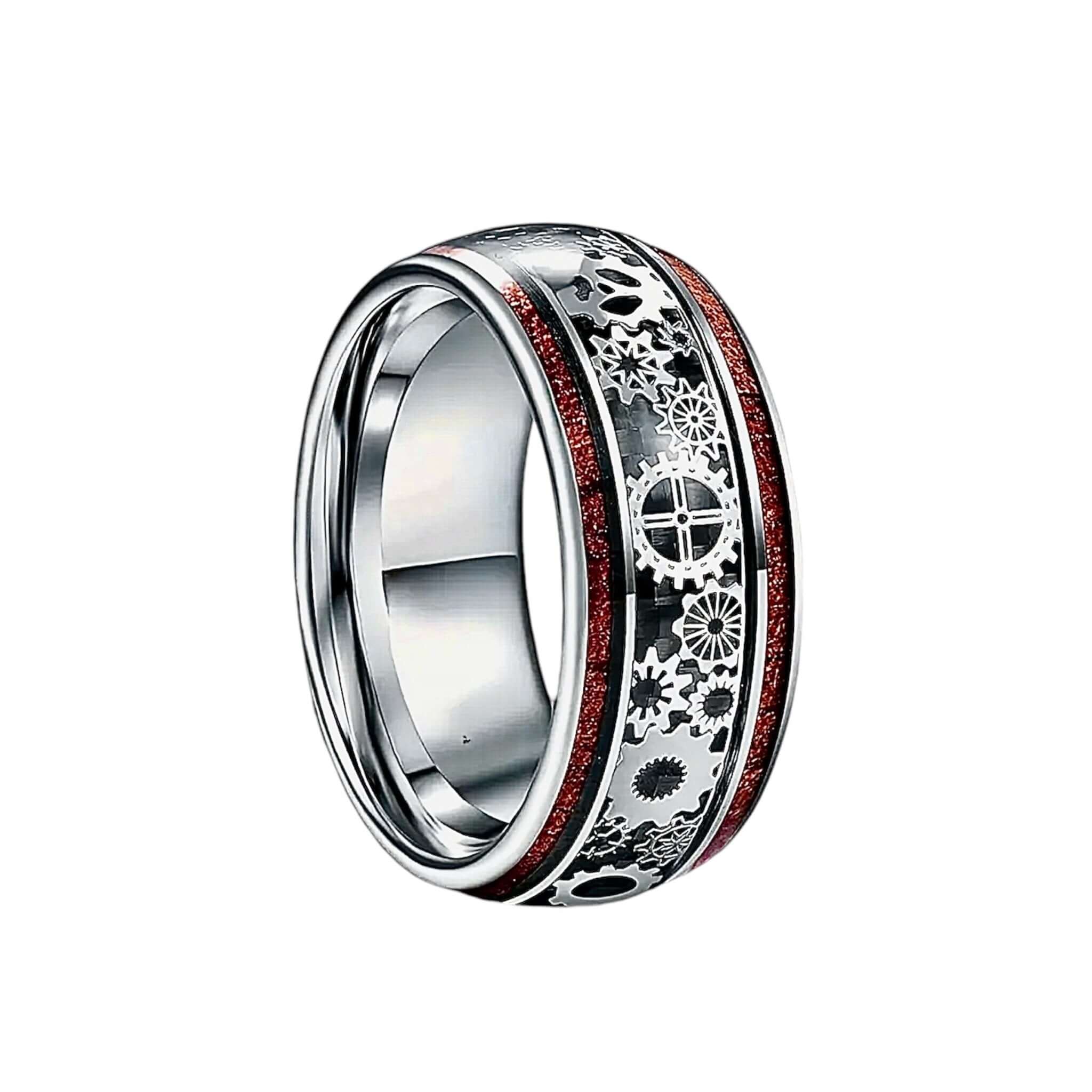 Silberner Ring mit Holzmaserung und Zahnrädern – elegantes Schmuckstück im mechanischen Stil