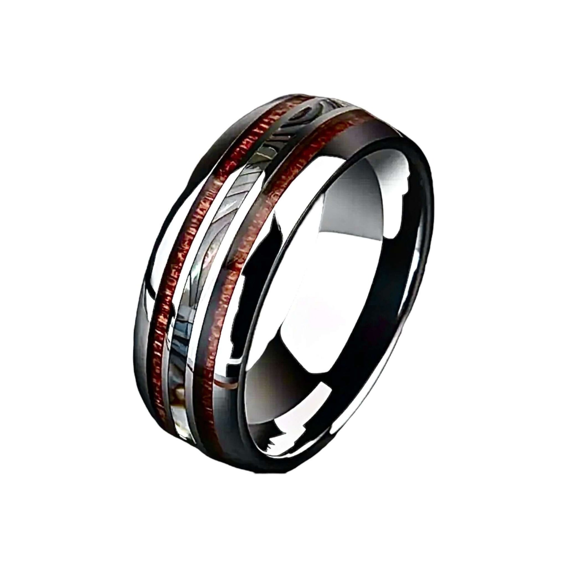 Silberner Ring mit dunkler Holzmaserung – elegantes Schmuckstück für natürliche Akzente