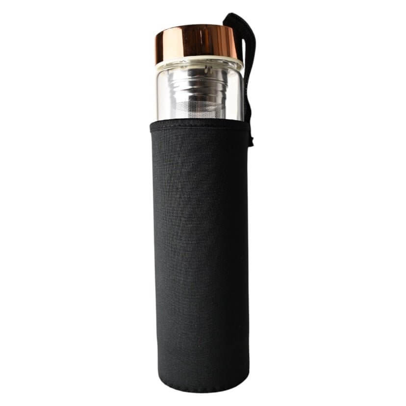 Elegante Glasflasche mit Rosenquarz & roségoldenem Verschluss – perfekt für Tee unterwegs