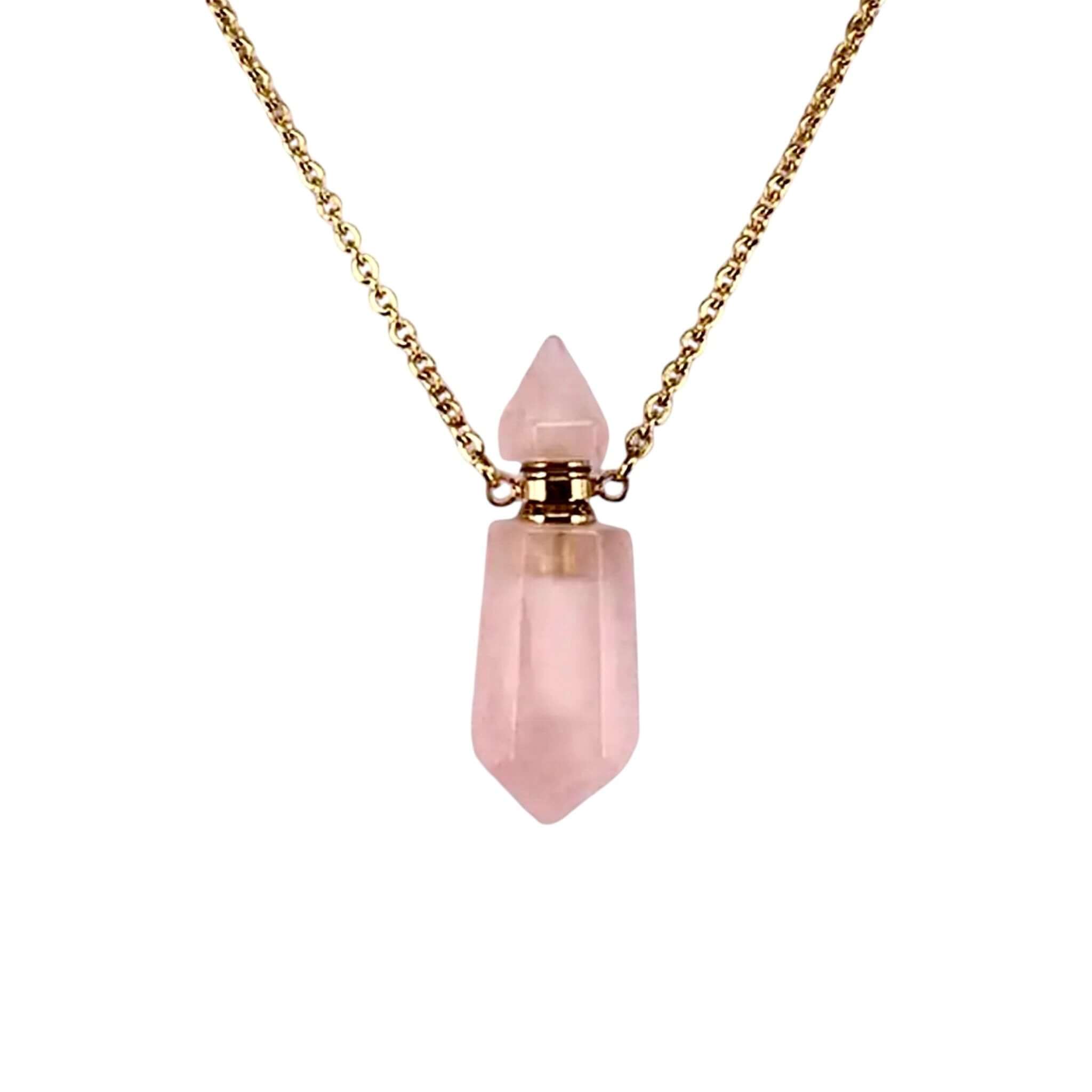 Goldene Halskette mit Parfümfläschchen aus Rosenquarz