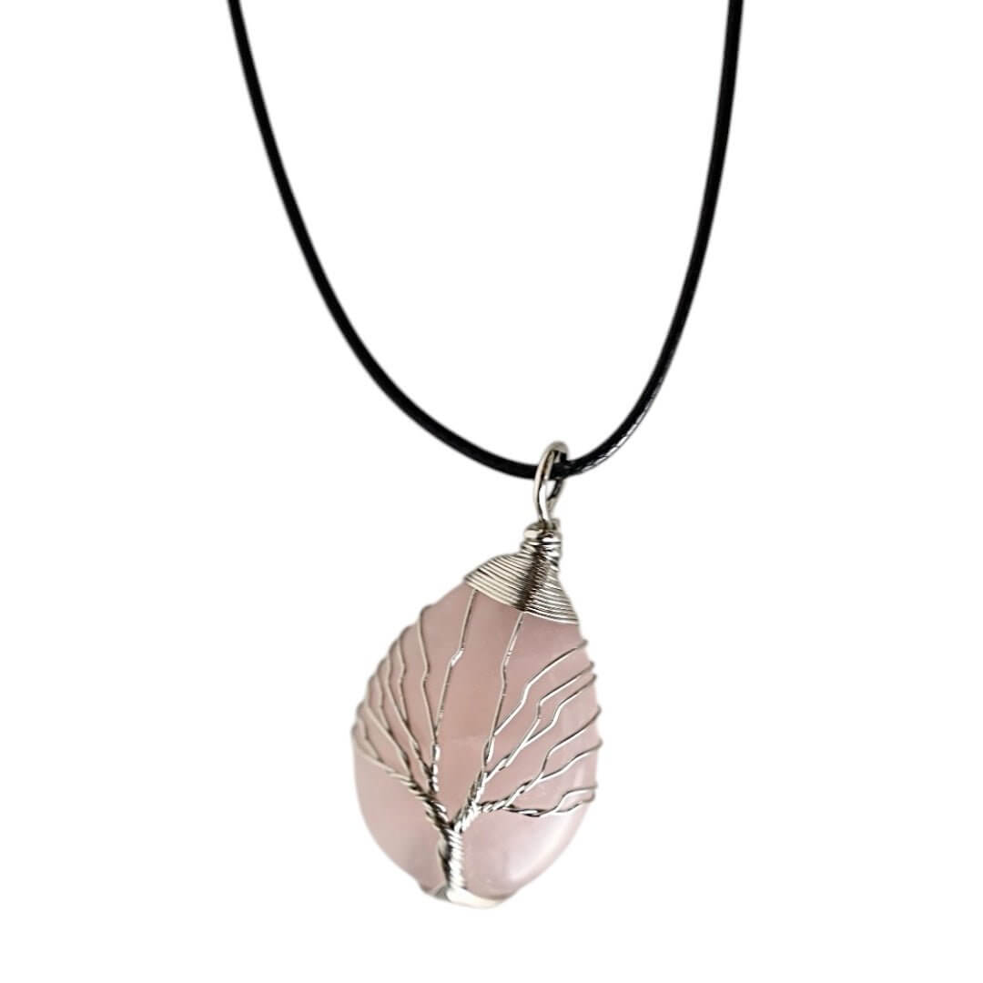 Halskette mit tropfenförmigem Rosenquarz, Silber