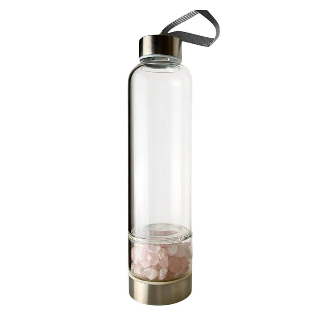 Silberne Trinkflasche mit Rosenquarz-Trommelsteinen - Deine Lieblingstrinkflasche