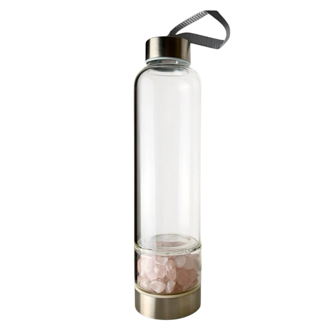 Silberne Trinkflasche mit Rosenquarz-Trommelsteinen - Deine Lieblingstrinkflasche