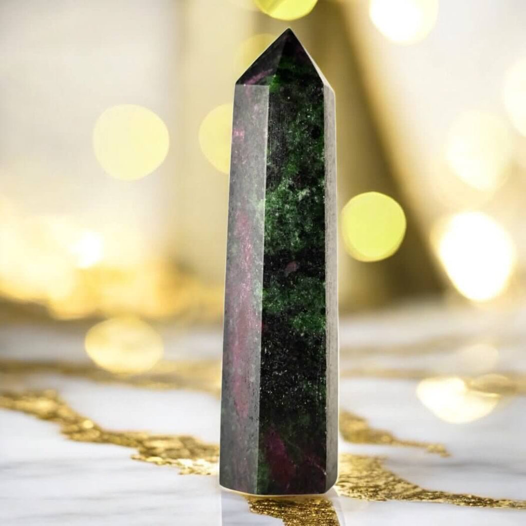 Rubin Zoisit Obelisk – lebendig gemusterte Edelstein-Kugel für Ausgleich und Freude