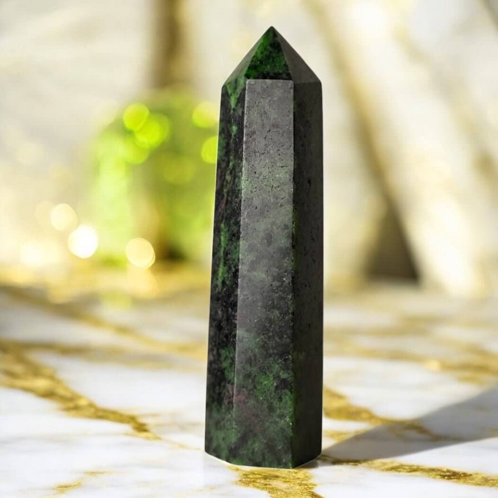 Rubin Zoisit Obelisk – lebendig gemusterte Edelstein-Kugel für Ausgleich und Freude