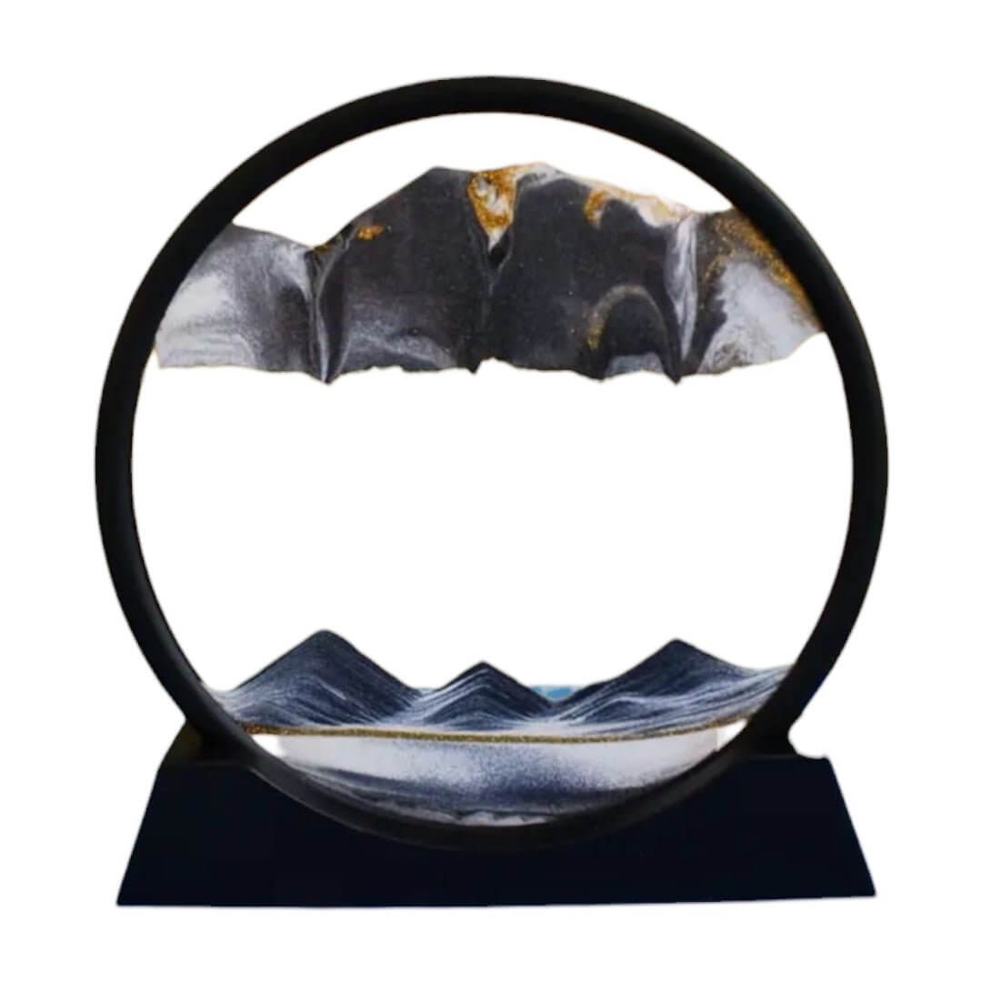 Sandbild in rundem schwarzen Rahmen Grau