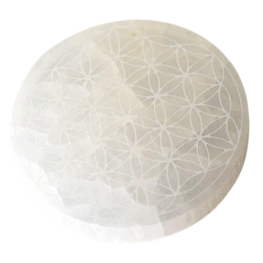 Selenit Scheibe mit Lebensblume – Charmantes Edelsteinstück für positive Energie