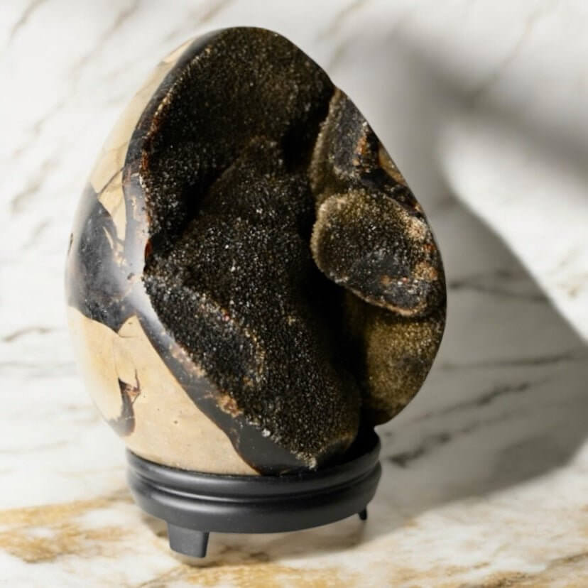 Großes Septarian Ei – Schwarze Drusen mit funkelnder Kristallstruktur