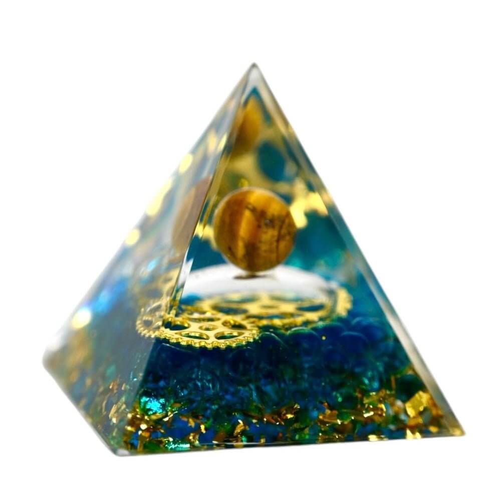 Tigerauge Pyramide mit Zahnrad-Design – kraftvolles Dekor für Fokus und Energie