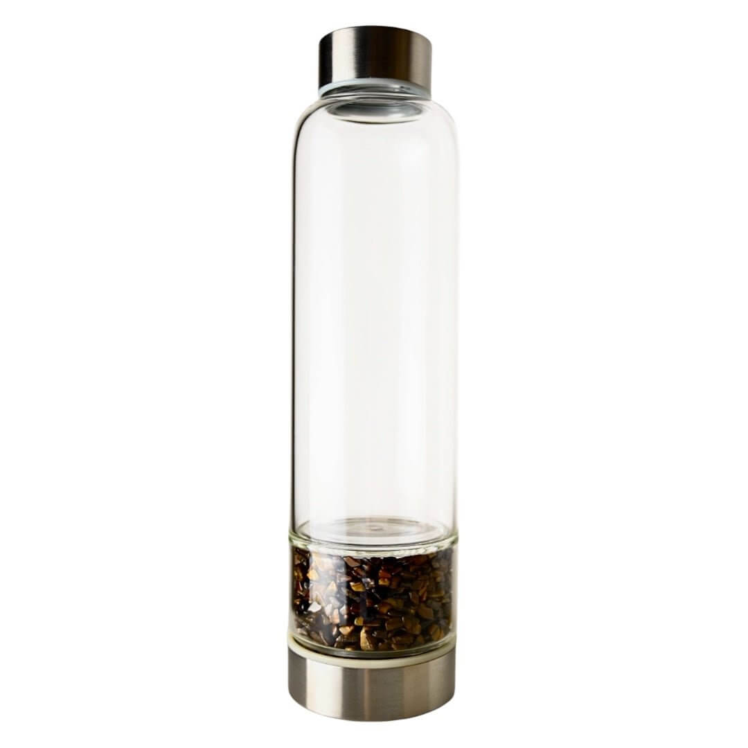 Trinkflasche in Silber mit schimmernden Tigerauge Trommelsteinen