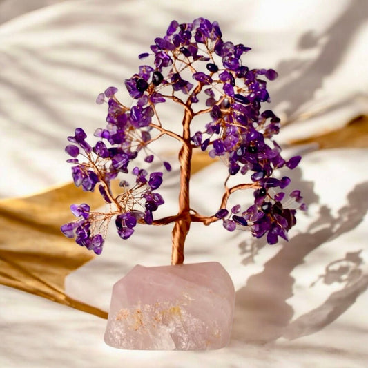 Amethyst Edelstein - Baum auf Rosenquarzständer - CrystalScents