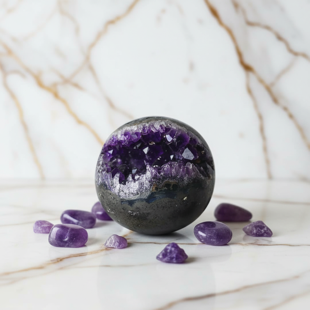 Amethyst Kugel mit Trommelsteinen 1