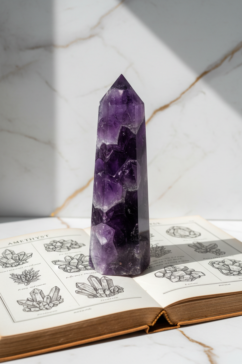 Amethyst Obelisk auf Kristallbuch 1