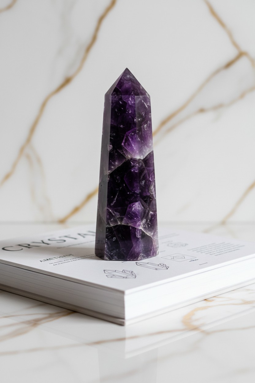Amethyst Obelisk auf modernem Buch 1