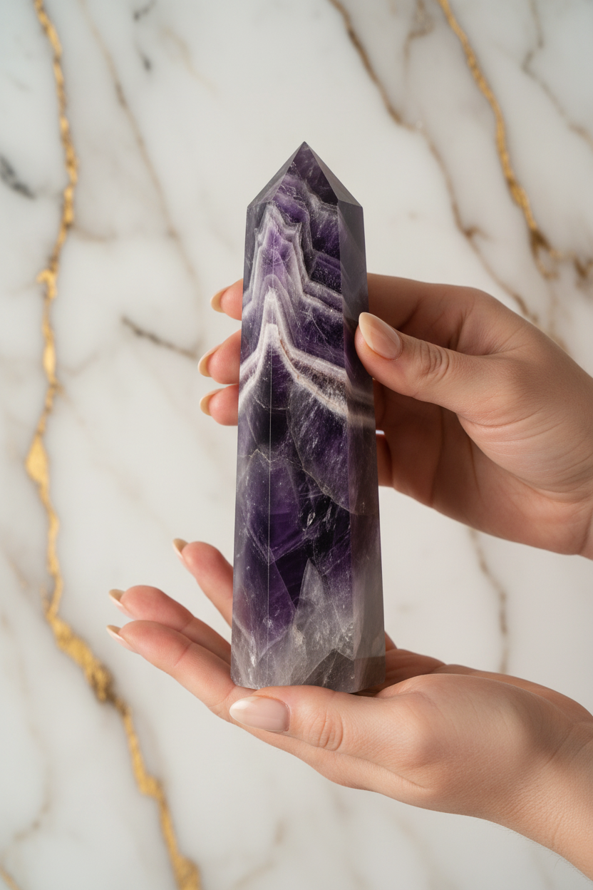 Amethyst obelisk in hands