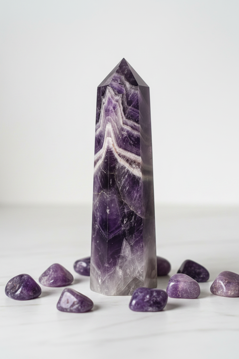 Amethyst Obelisk mit Trommelsteinen