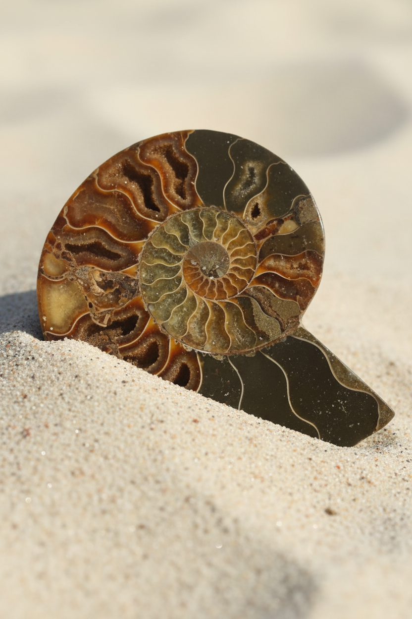 Ammonit teilweise im Sand Hochformat