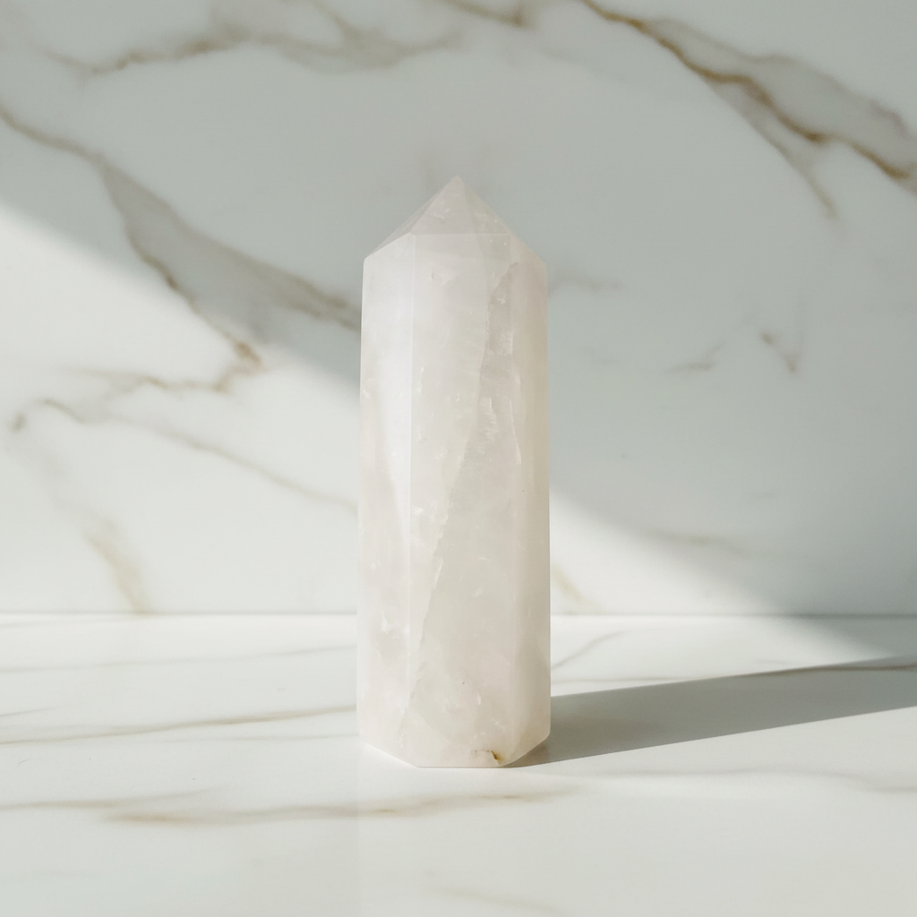 Ausdrucksstarker Bergkristall Obelisk auf Marmor 2