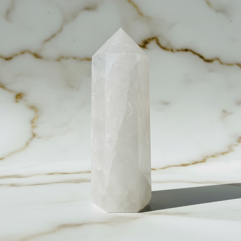 Ausdrucksstarker Bergkristall Obelisk auf Marmor 3