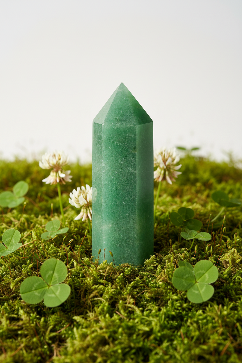 Aventurine obelisk in moss with clover