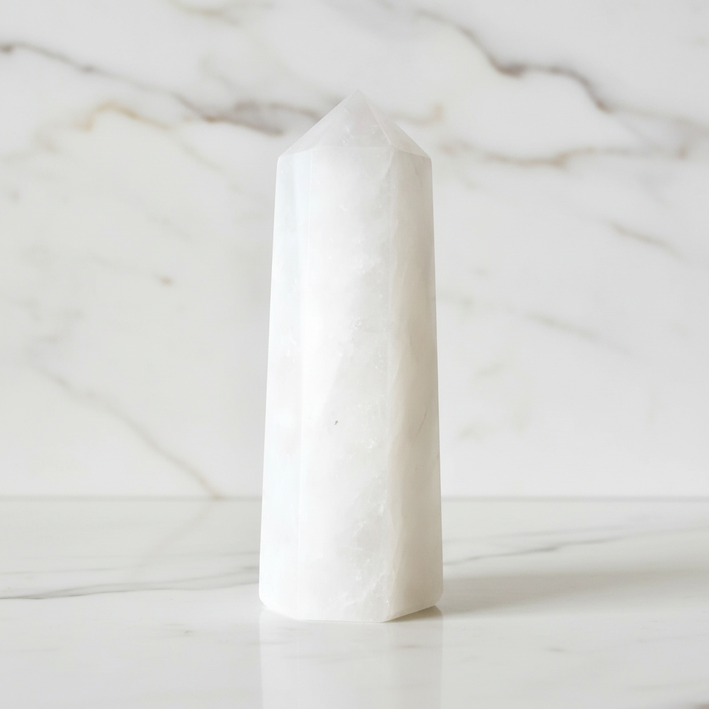 Bergkristall Obelisk für positive Energie auf Marmor 4