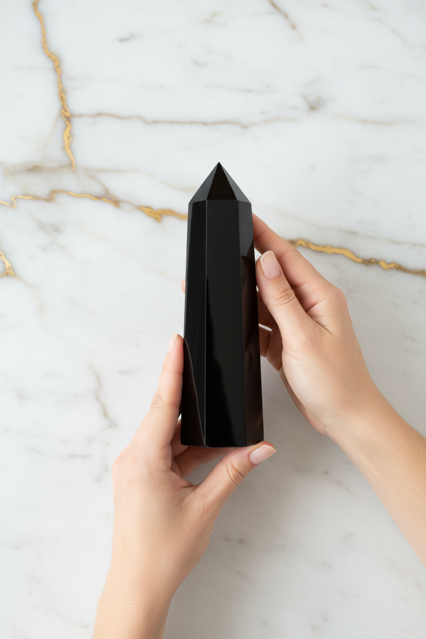 Black obsidian in hands