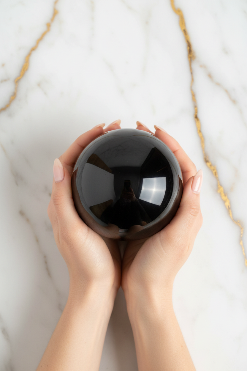 Black obsidian sphere in hands