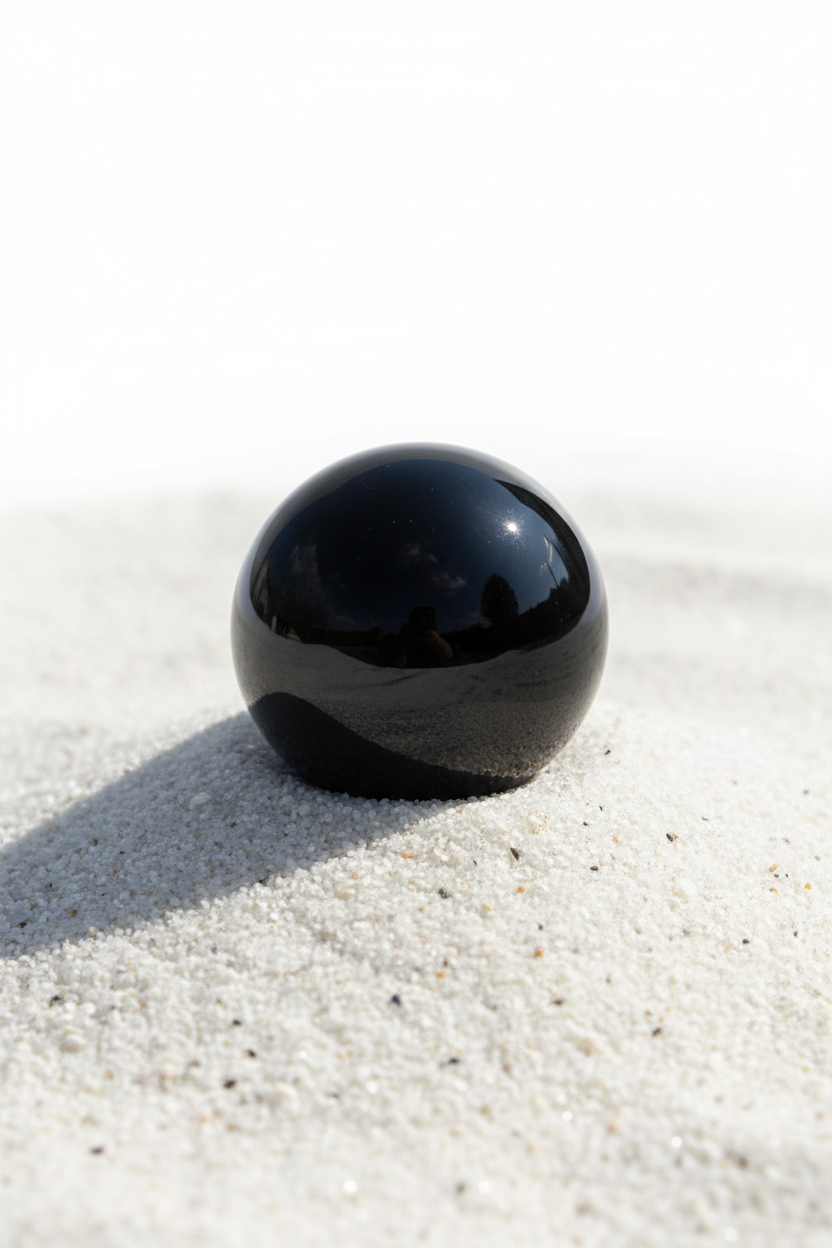Black obsidian sphere in white sand