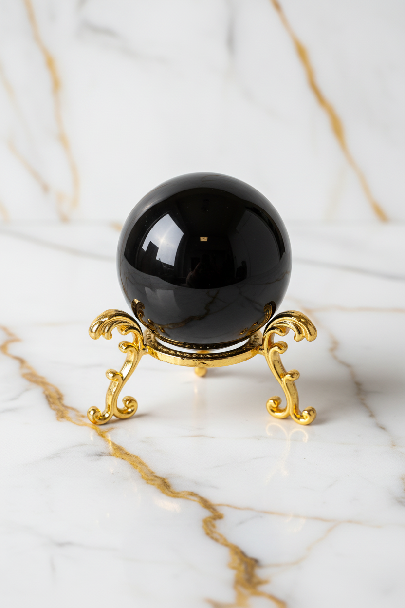 Black obsidian sphere on golden stand
