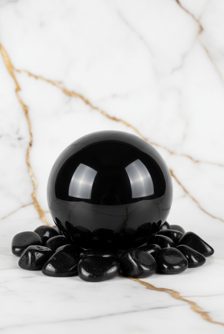 Black obsidian sphere with tumbled stones