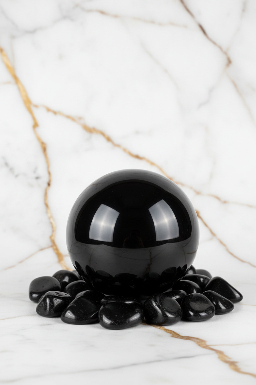 Black obsidian sphere with tumbled stones