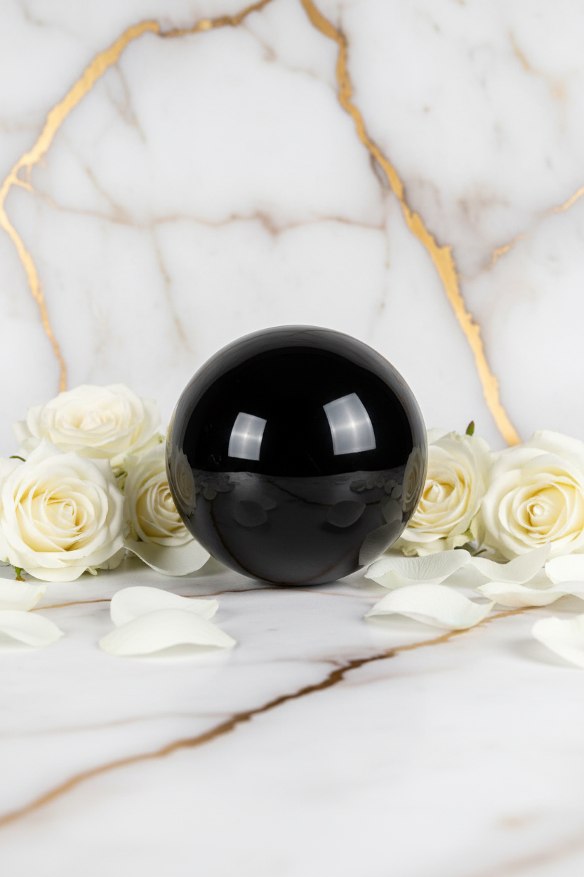 Black obsidian sphere with white roses