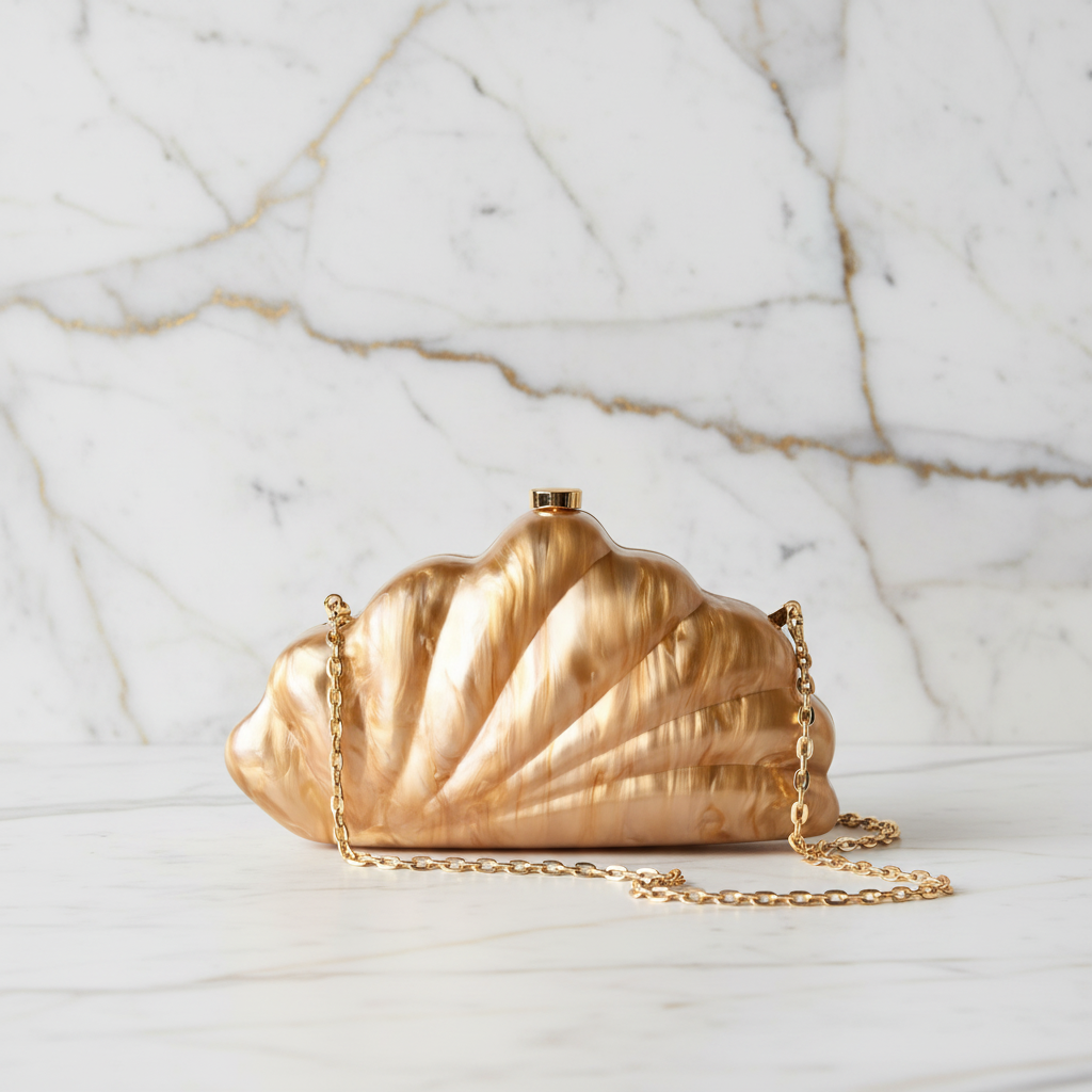 Bronzefarbene Perlmutt-Clutch auf Marmor 3