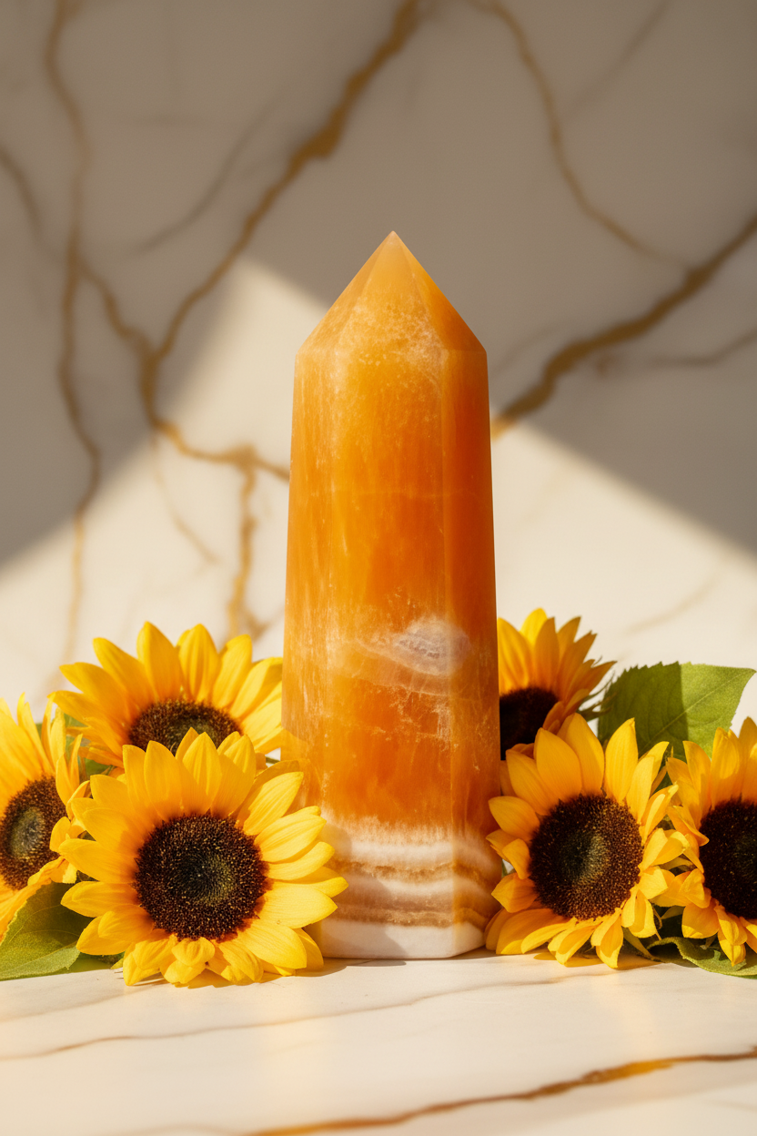 Calcit Obelisk Sonnenblumen