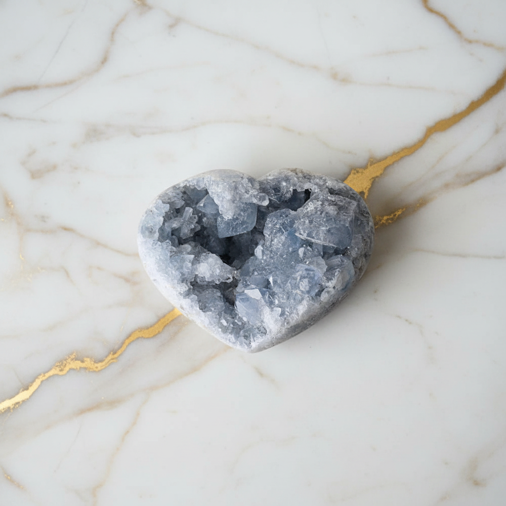 Celestit-Cluster-Herz Flatlay Marmor 2