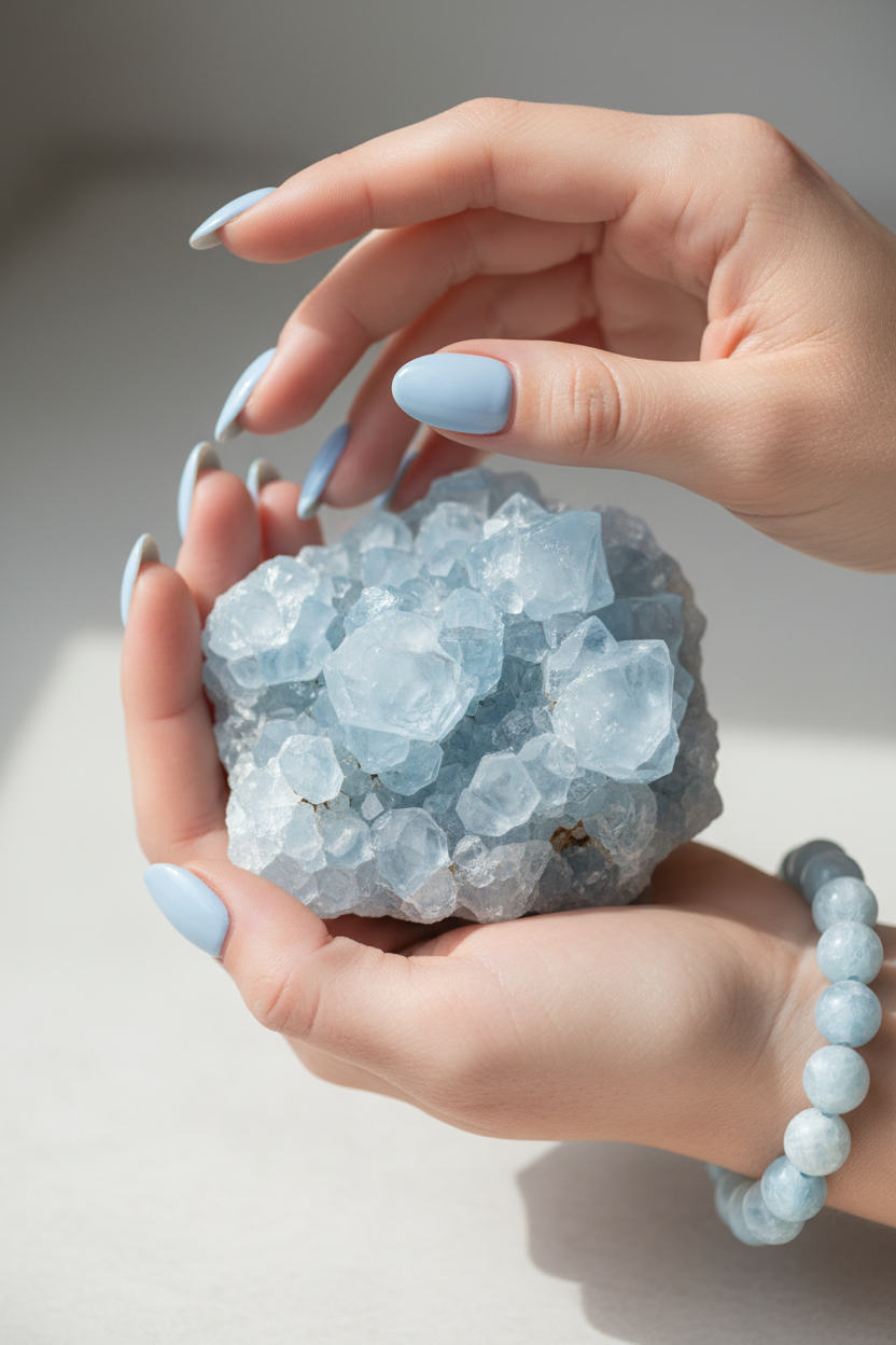 Celestit-Cluster mit hellblauem Armband