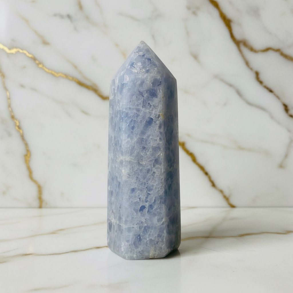 Celestit Obelisk auf Marmor - Dreiviertelansicht rechts