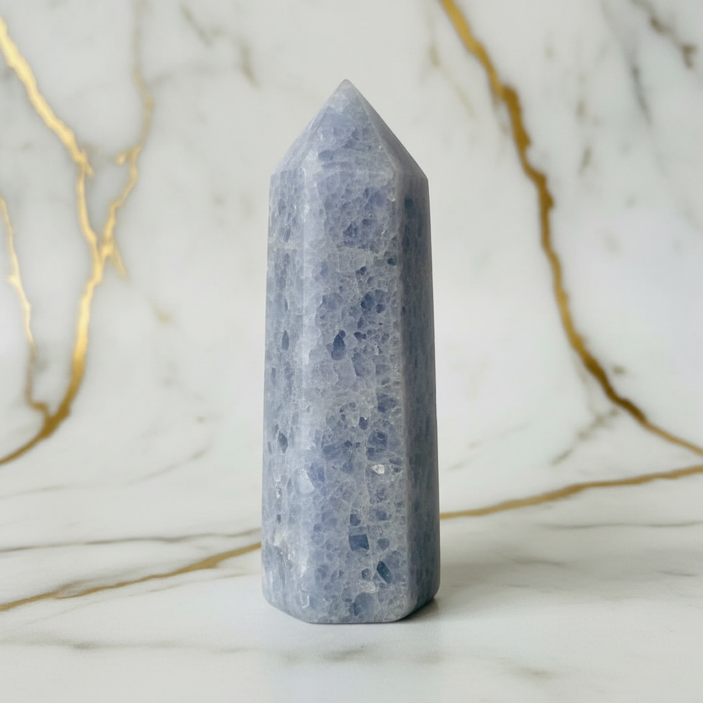 Celestit Obelisk auf Marmor - Seitenprofil