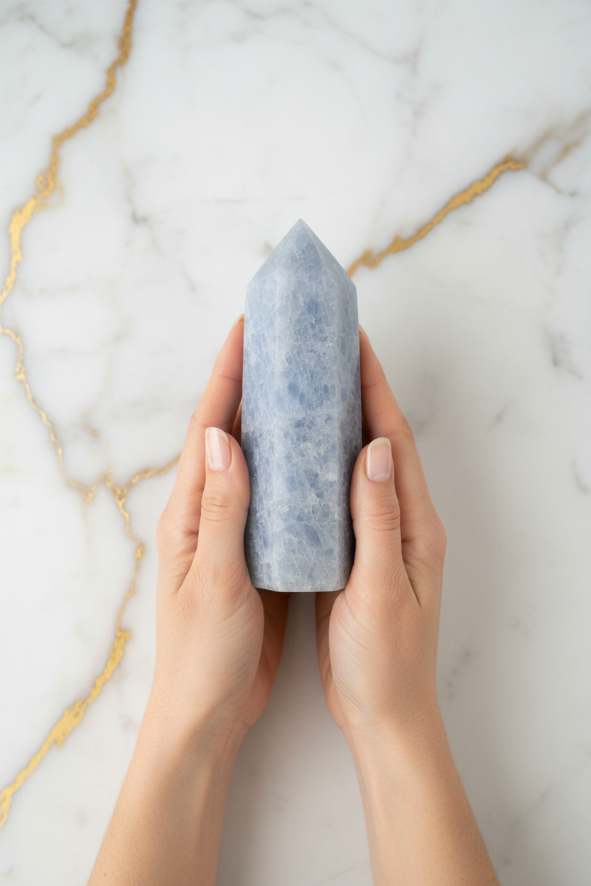 Celestite obelisk in hands