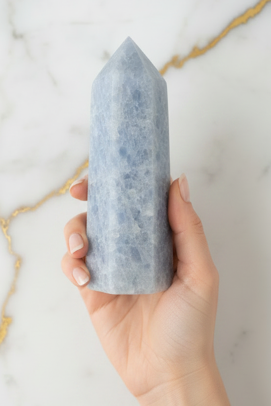 Celestite obelisk in hands