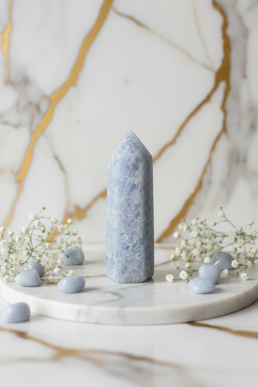 Celestite obelisk with stones on marble slab