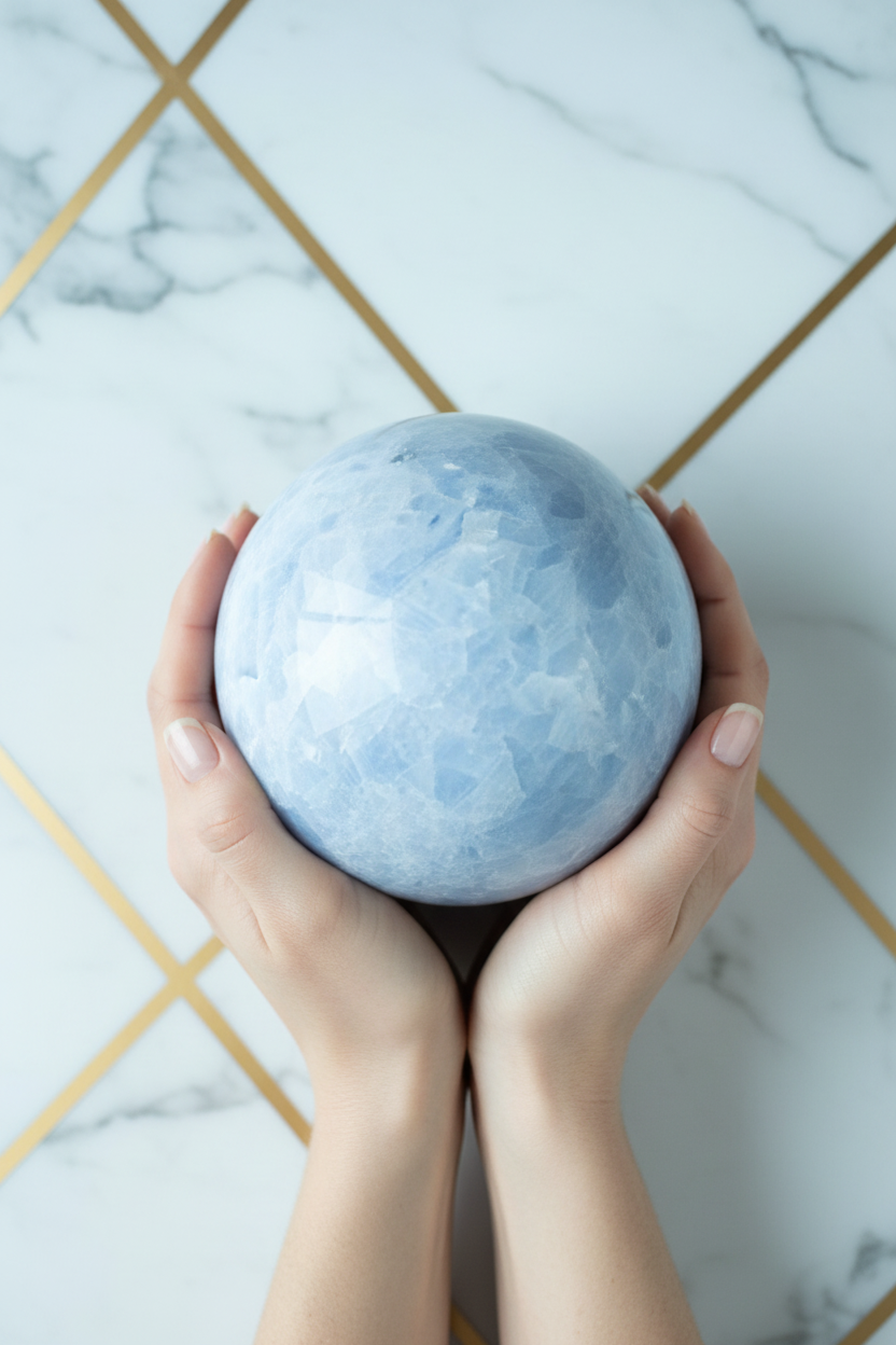 Celestite sphere in hands