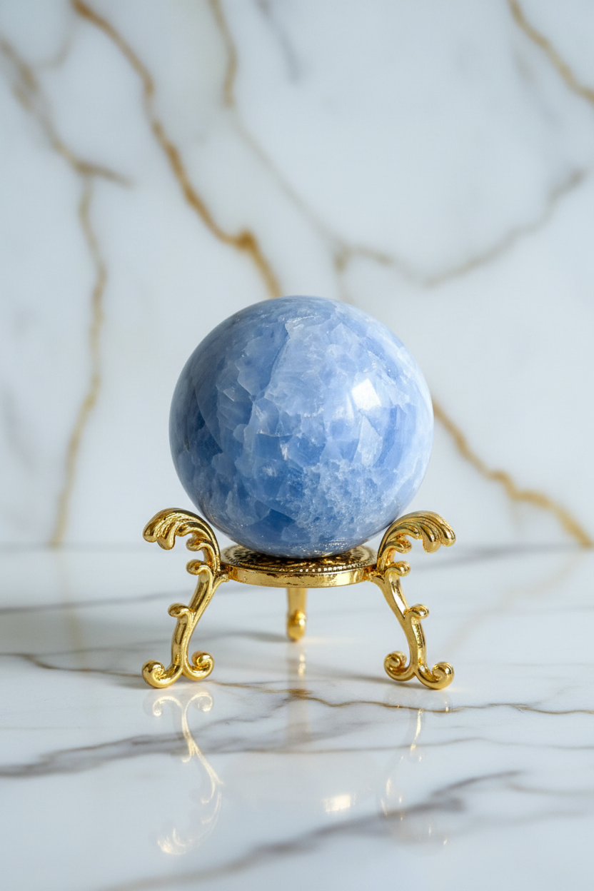 Celestite sphere on golden stand