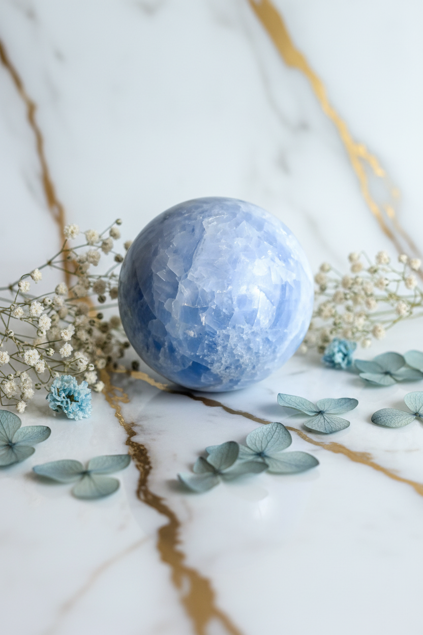 Celestite sphere with blue flowers