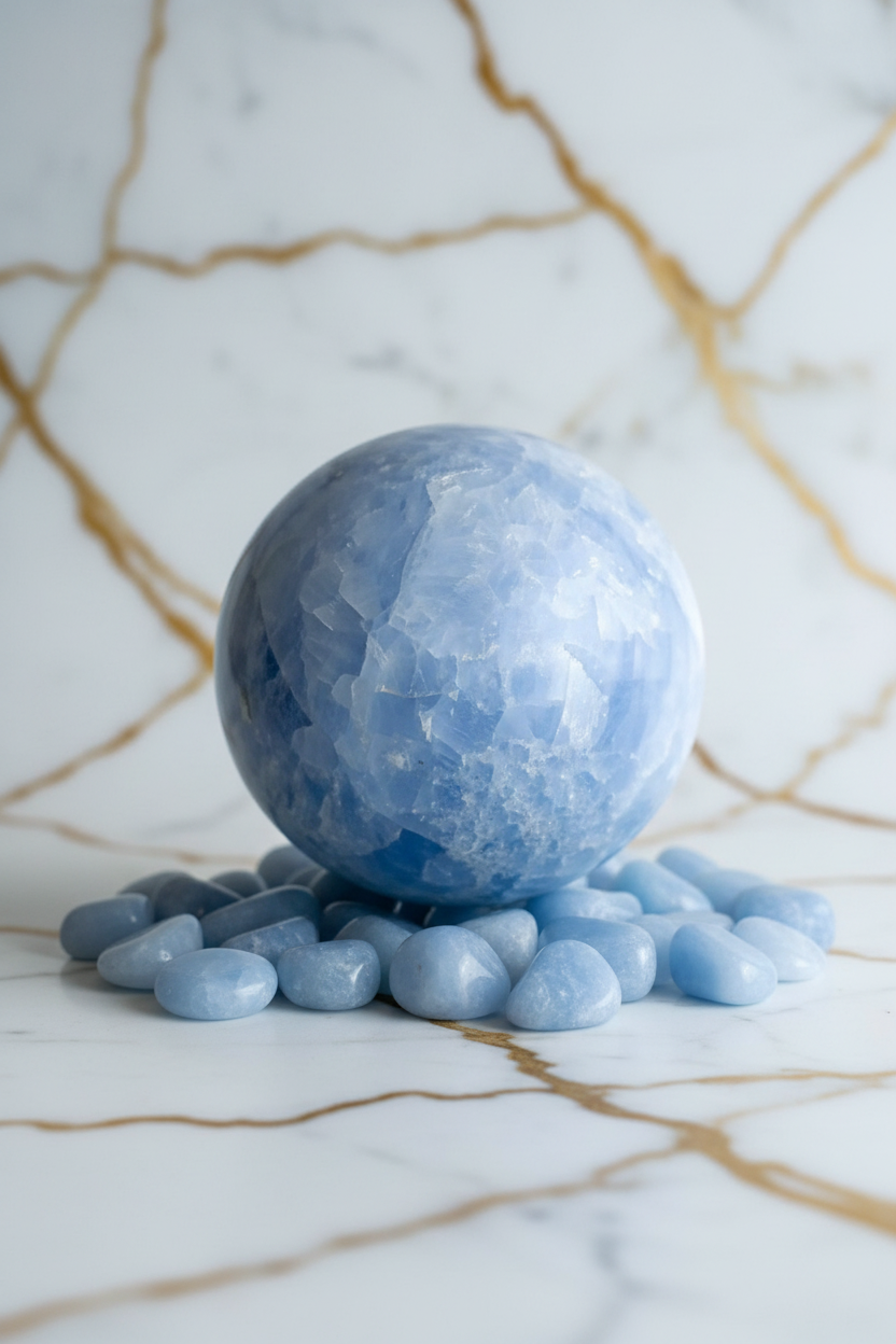 Celestite sphere with tumbled stones