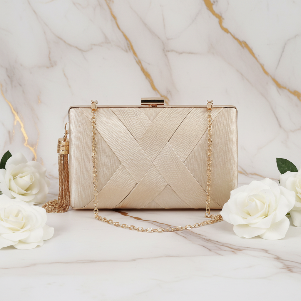 Champagnerfarbene Clutch mit weißen Blumen 2